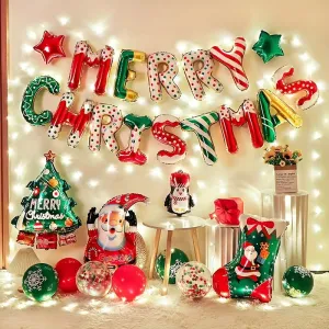 14pcs Merry Christmas Aluminum Foil Letter Balloons Set - Mixed Color Themed Party Decorations for Christmas, New Year & Weddings - Durable, Non-Electric, Carnival Inspired Designs for Ages 14 