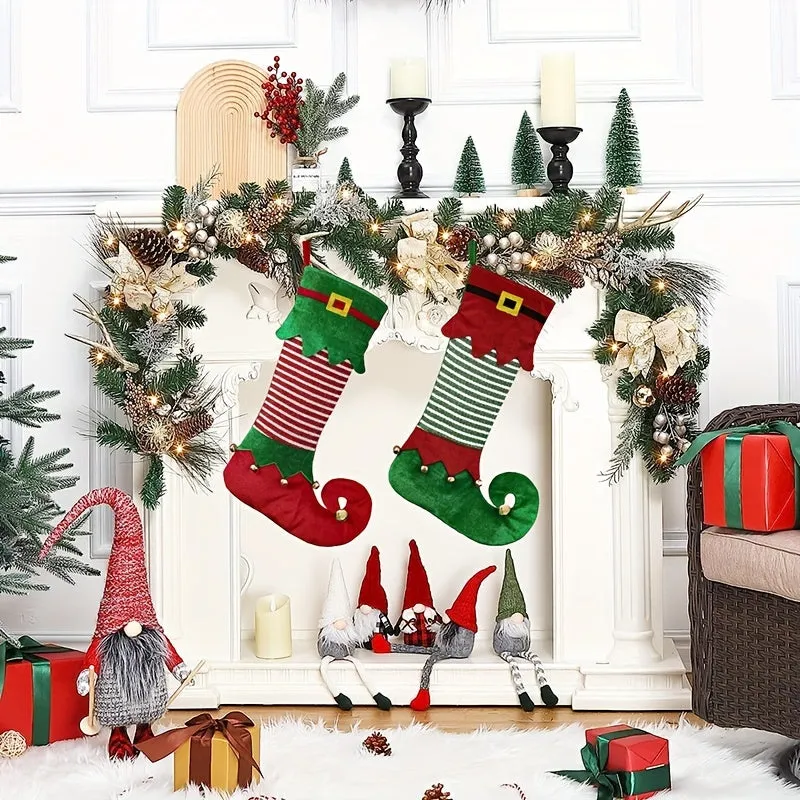 2-Piece Festive Elf-Inspired Christmas Stockings - Vibrant Contemporary Style Polyester Hanging Socks with Sparkling Accents for Festive Home Decor, Holiday Themes, and Universal Christmas Decorations Without Feathers