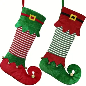 2-Piece Festive Elf-Inspired Christmas Stockings - Vibrant Contemporary Style Polyester Hanging Socks with Sparkling Accents for Festive Home Decor, Holiday Themes, and Universal Christmas Decorations Without Feathers