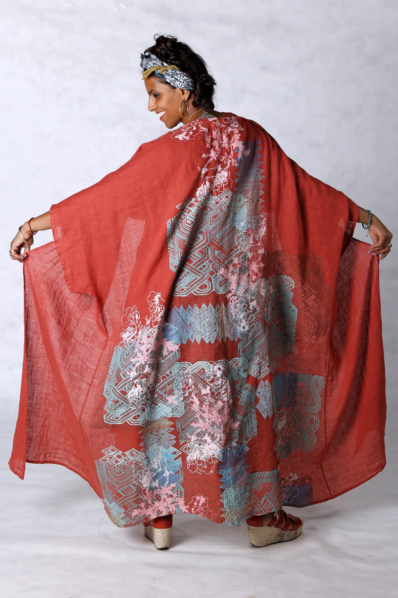 5267 Long Kimono Duster-Coral-P