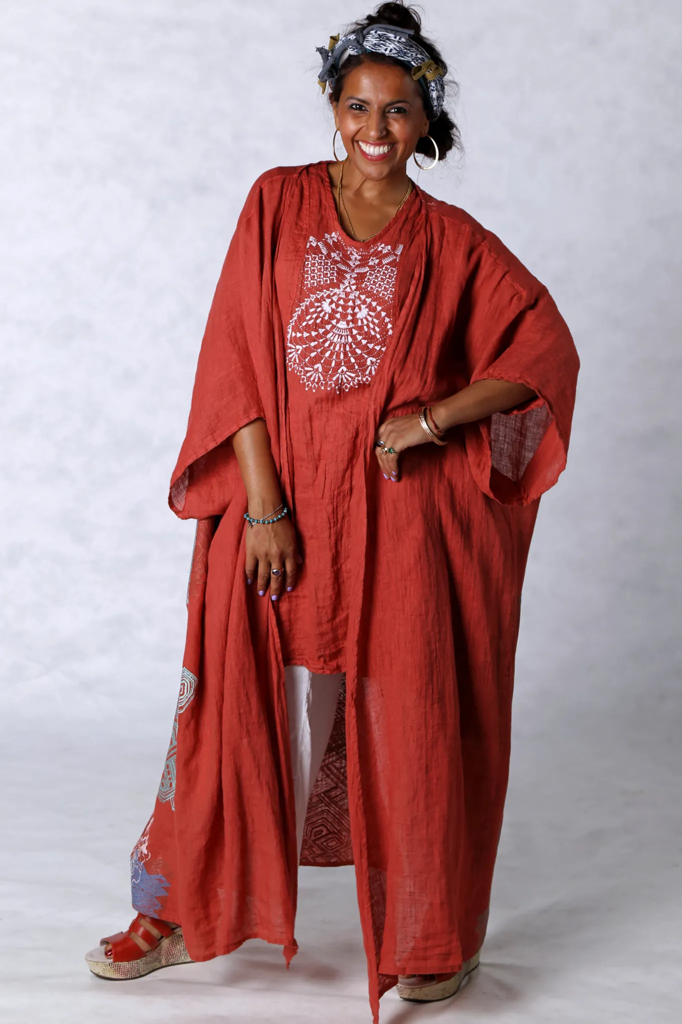 5267 Long Kimono Duster-Coral-P