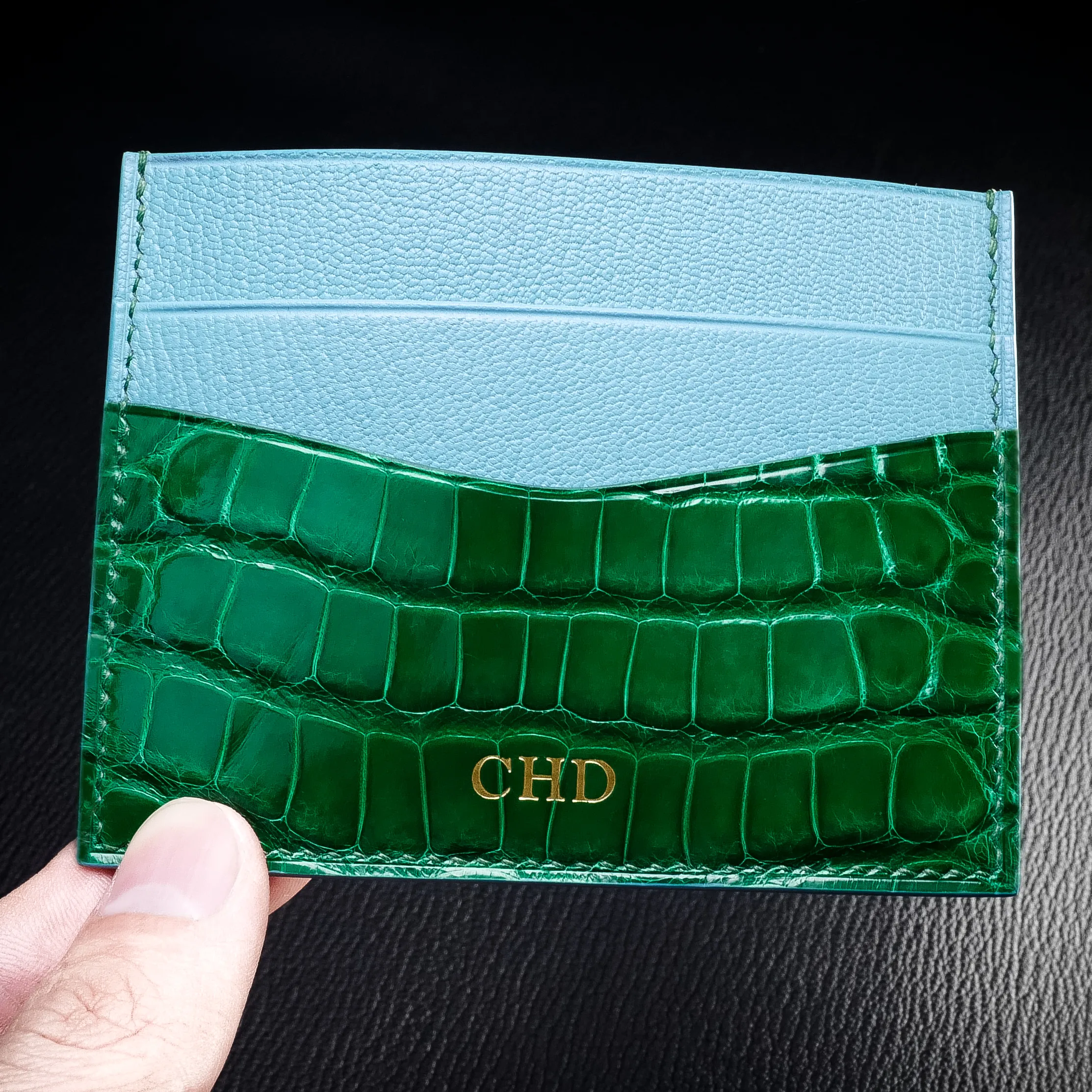#57 BYO American Alligator   French Chèvre Leather Slim Wallet