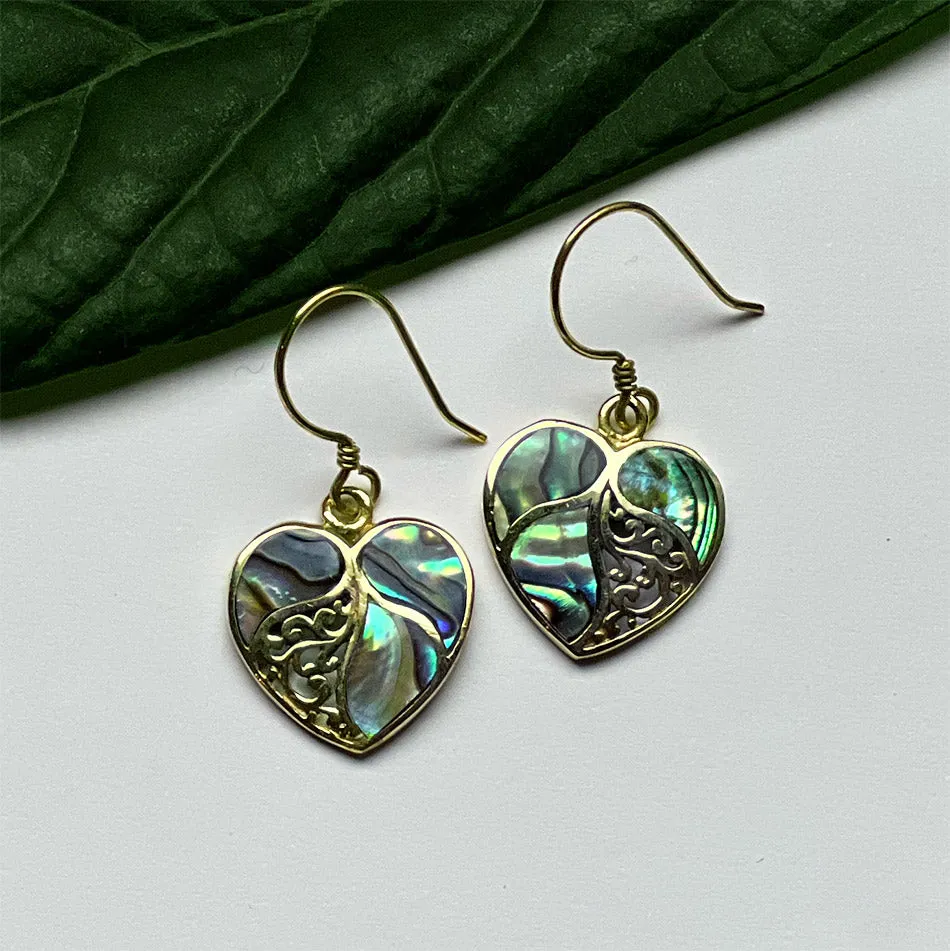 Abalone Heart Earrings - Brass, Indonesia