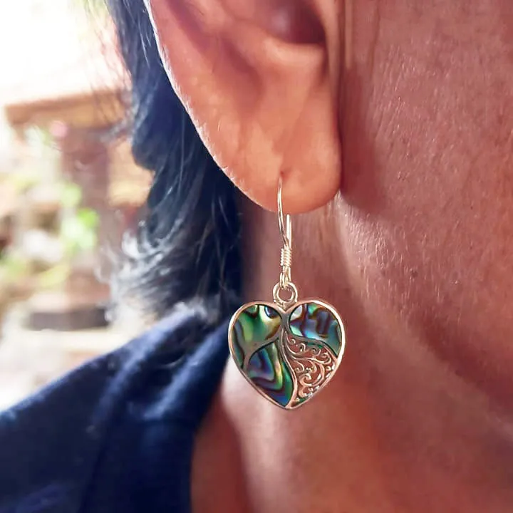 Abalone Heart Earrings - Brass, Indonesia