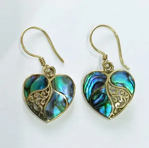 Abalone Heart Earrings - Brass, Indonesia