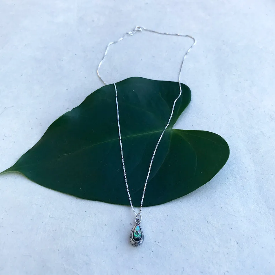 Abalone Teardrop Filigree Necklace - Sterling Silver, Indonesia