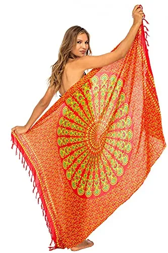 Back From Bali Womens Beach Swimsuit Bikini Cover Up Wrap and Clip Sarong Peacock Gaza Red