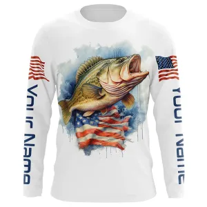 Bass Fishing American Flag Long Sleeve Fishing Shirts, Personalized Patriotic Bass Fishing Jerseys IPHW4696