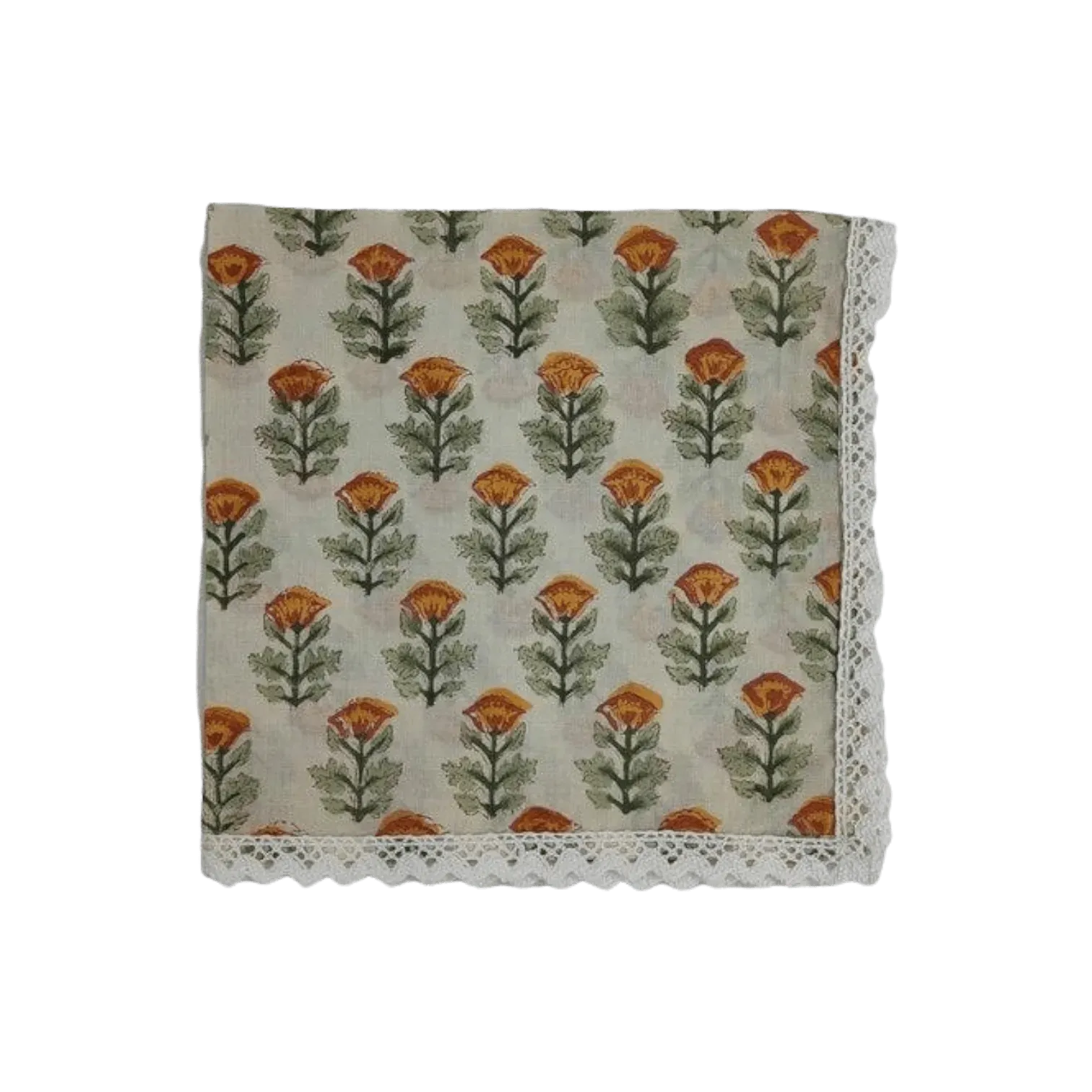 Beige Spring Floral Hand Block Printed Cotton Napkins