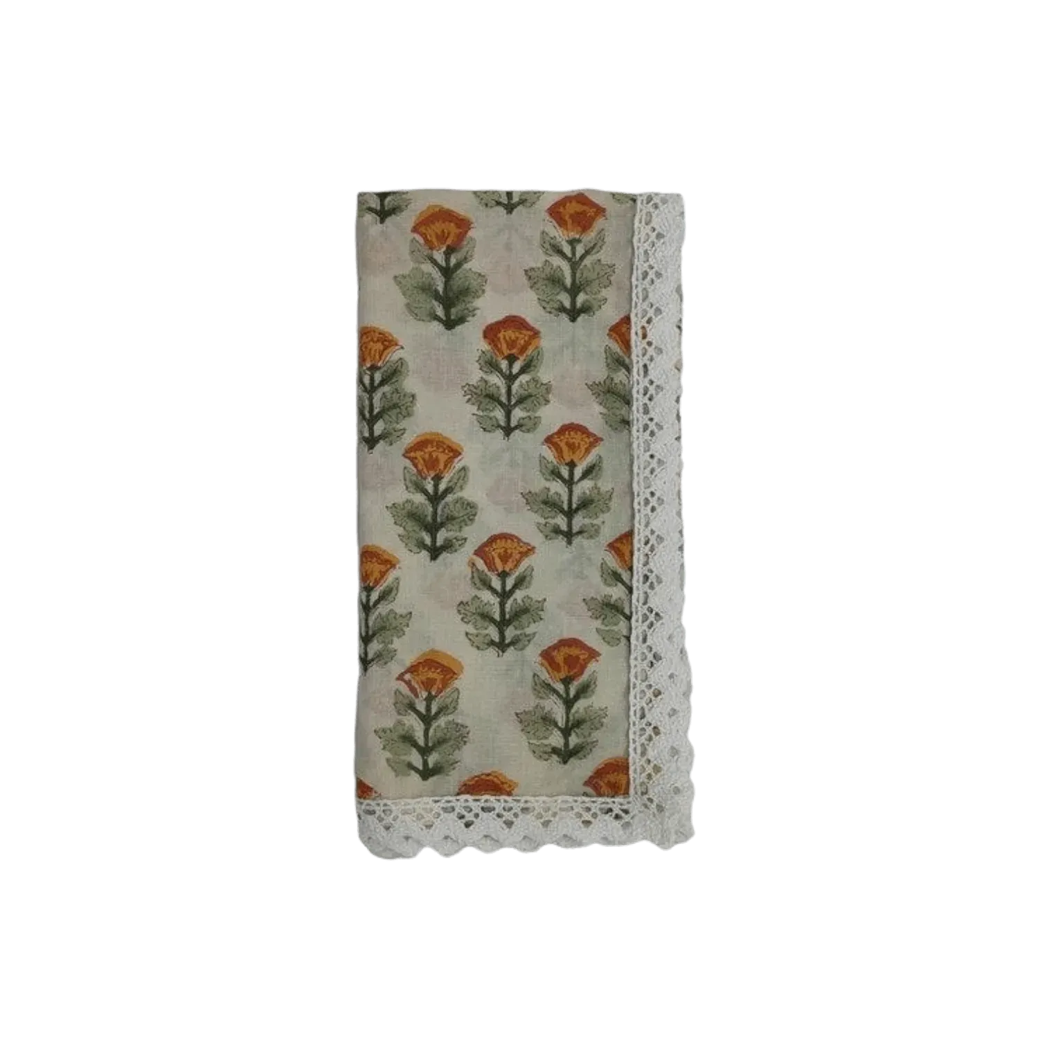 Beige Spring Floral Hand Block Printed Cotton Napkins