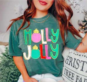 Bella Canvas or Comfort Colors Holly Jolly  Christmas Tee/ Direct To Film Transfered Faux Glitter Tee/ Youth and Adult Sizes