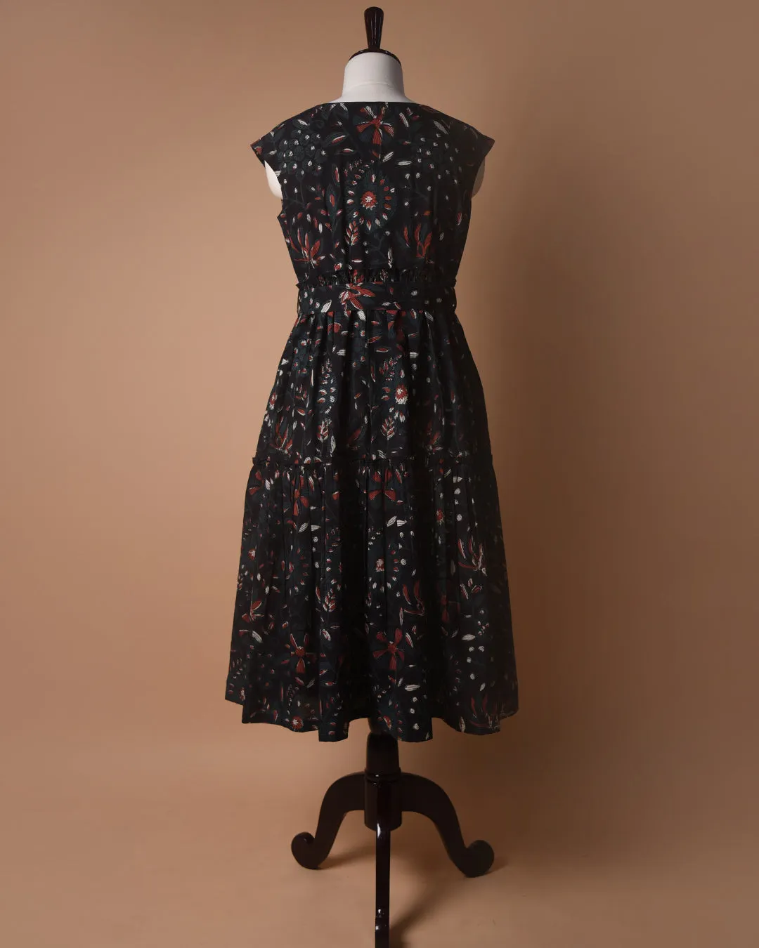 Black Pure Cotton Hand Block Printed Ready To Wear Dress With Belt