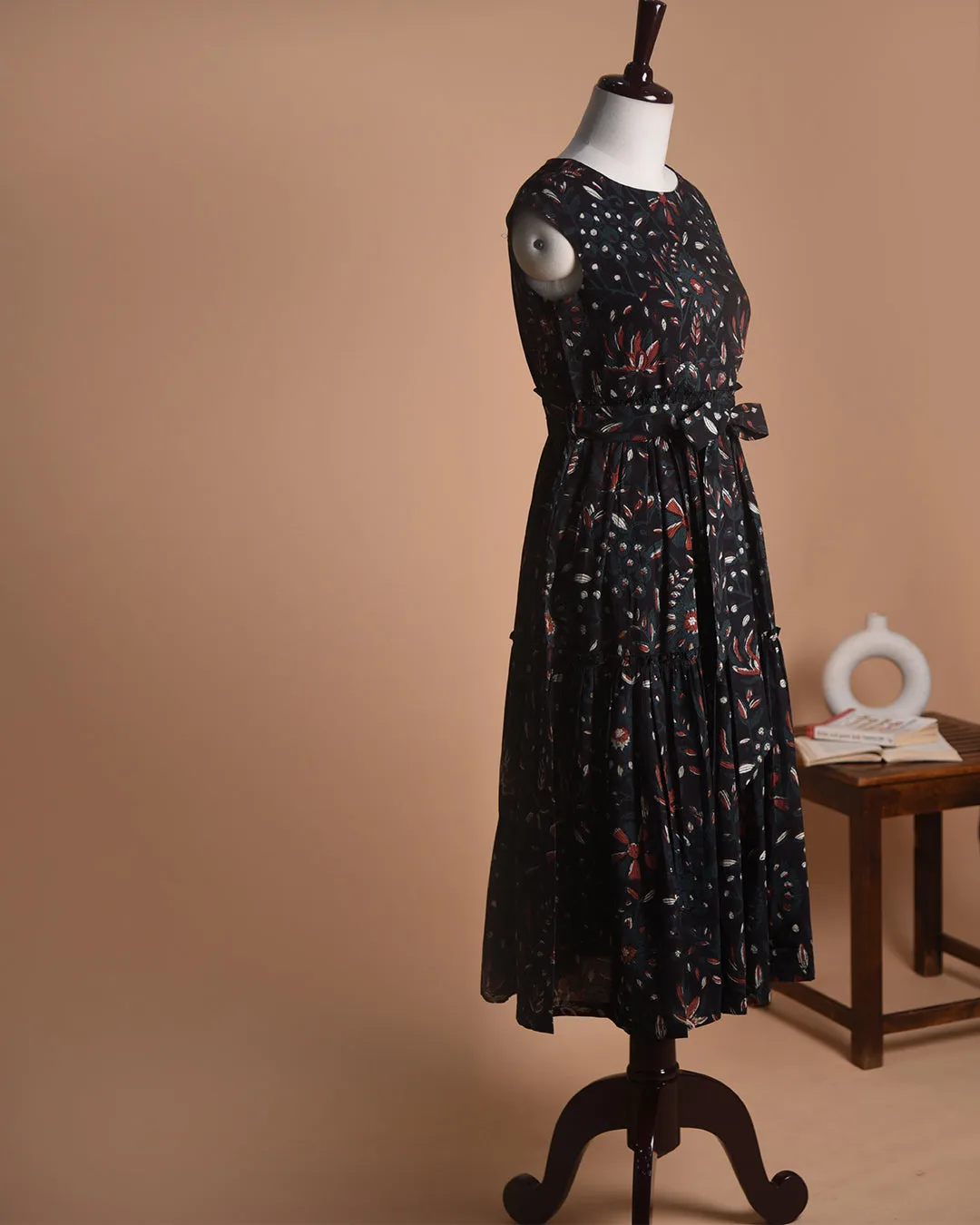 Black Pure Cotton Hand Block Printed Ready To Wear Dress With Belt