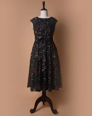 Black Pure Cotton Hand Block Printed Ready To Wear Dress With Belt