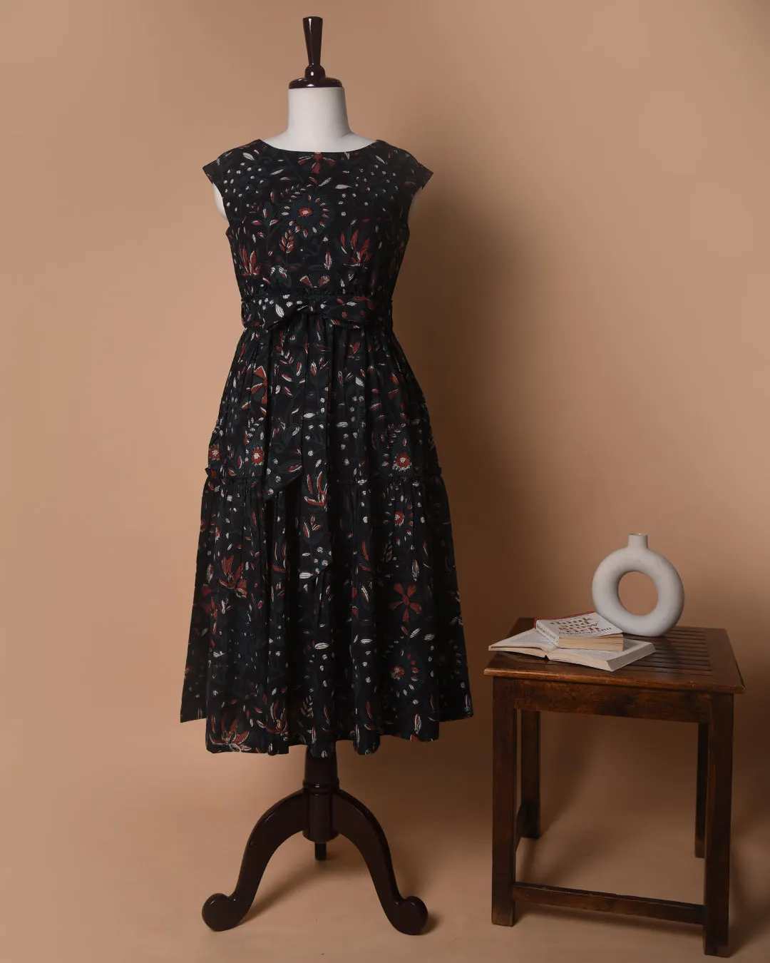 Black Pure Cotton Hand Block Printed Ready To Wear Dress With Belt