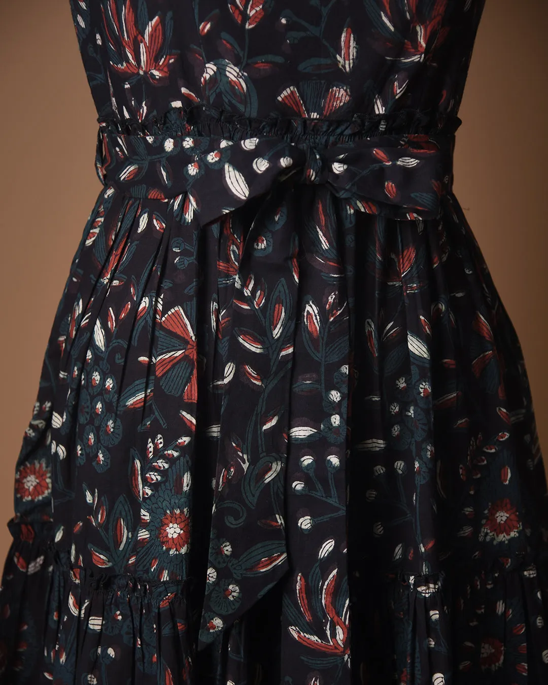 Black Pure Cotton Hand Block Printed Ready To Wear Dress With Belt