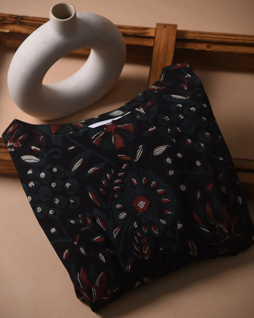 Black Pure Cotton Hand Block Printed Ready To Wear Dress With Belt