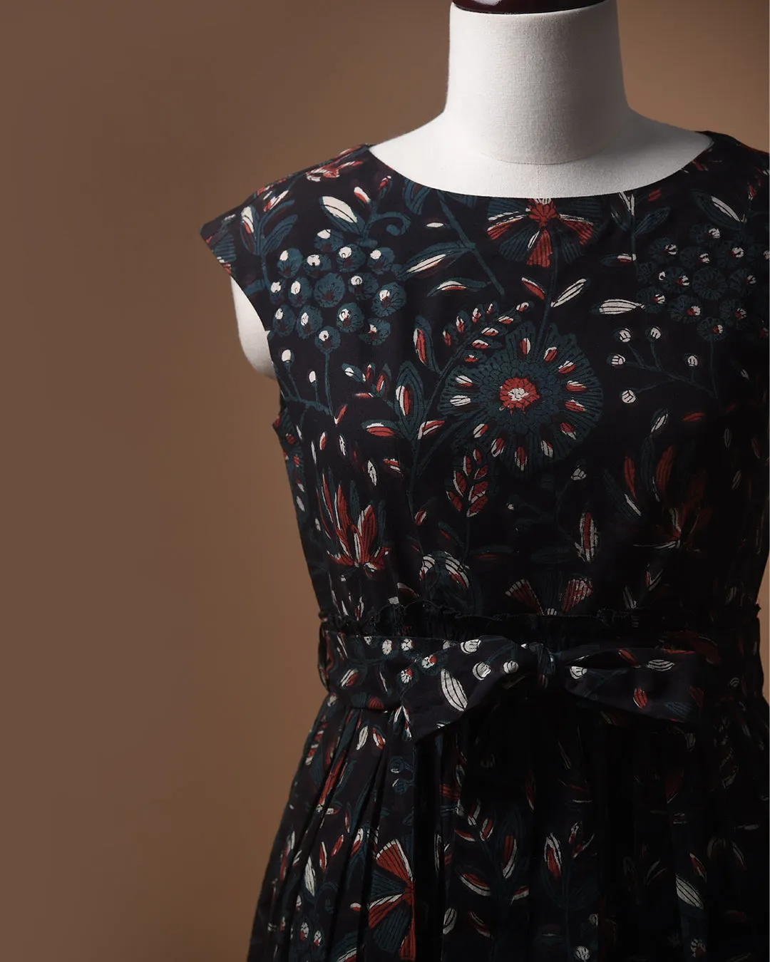 Black Pure Cotton Hand Block Printed Ready To Wear Dress With Belt