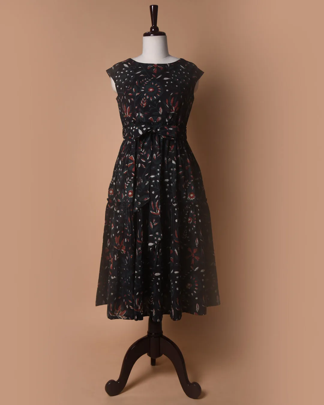 Black Pure Cotton Hand Block Printed Ready To Wear Dress With Belt