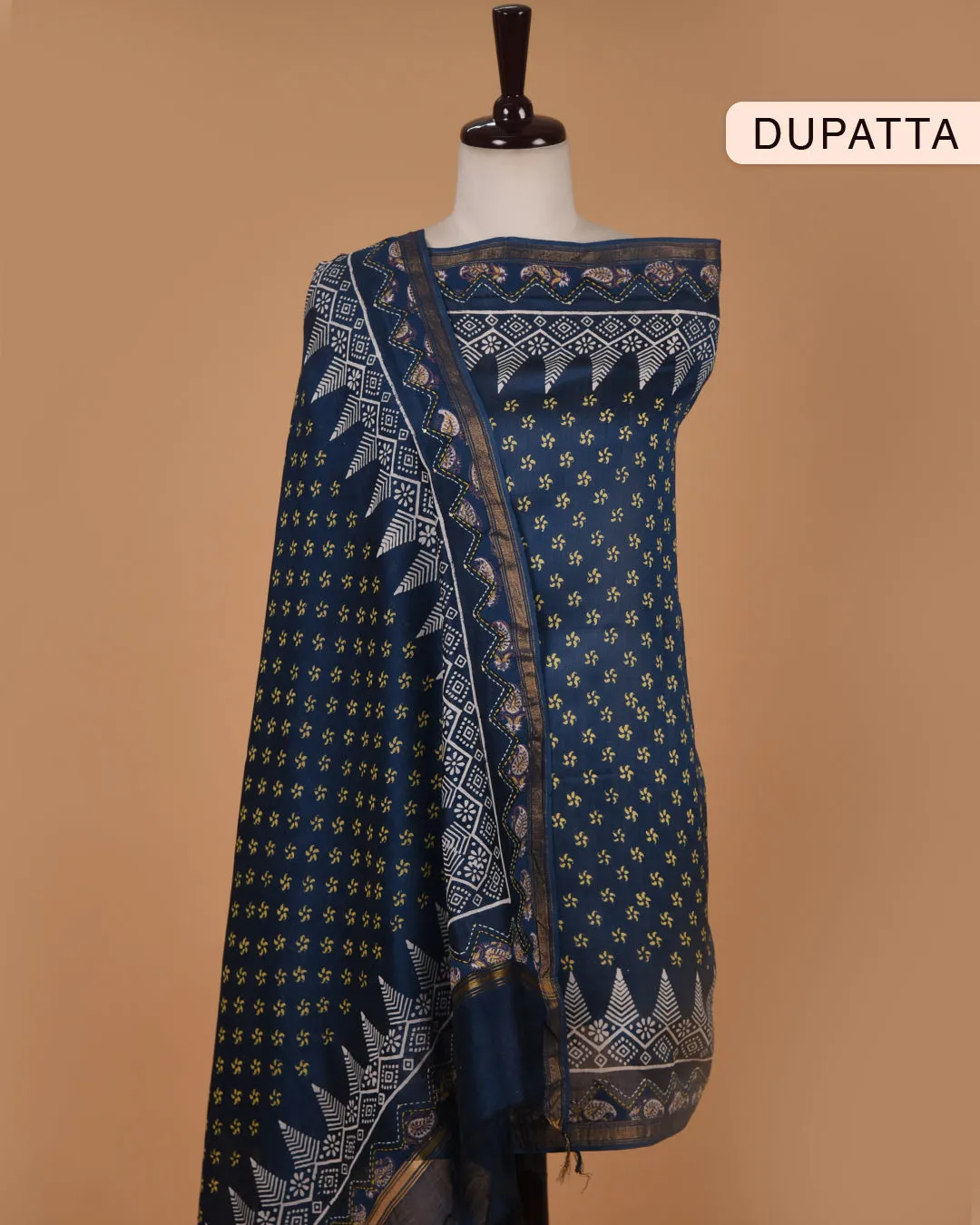Blue With Yellow Pure Cotton Hand Block Printed With Embroidery Unstitched Suit Fabric Set With Chanderi Hand Block Printed Dupatta