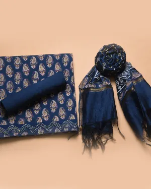 Blue With Yellow Pure Cotton Hand Block Printed With Embroidery Unstitched Suit Fabric Set With Chanderi Hand Block Printed Dupatta