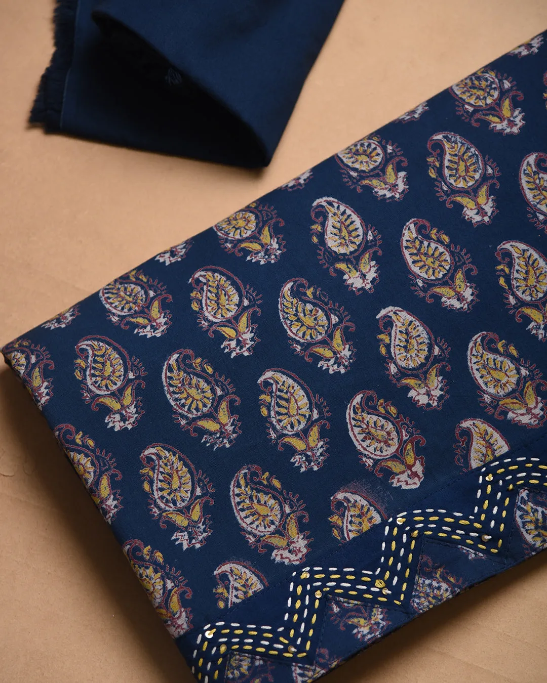 Blue With Yellow Pure Cotton Hand Block Printed With Embroidery Unstitched Suit Fabric Set With Chanderi Hand Block Printed Dupatta