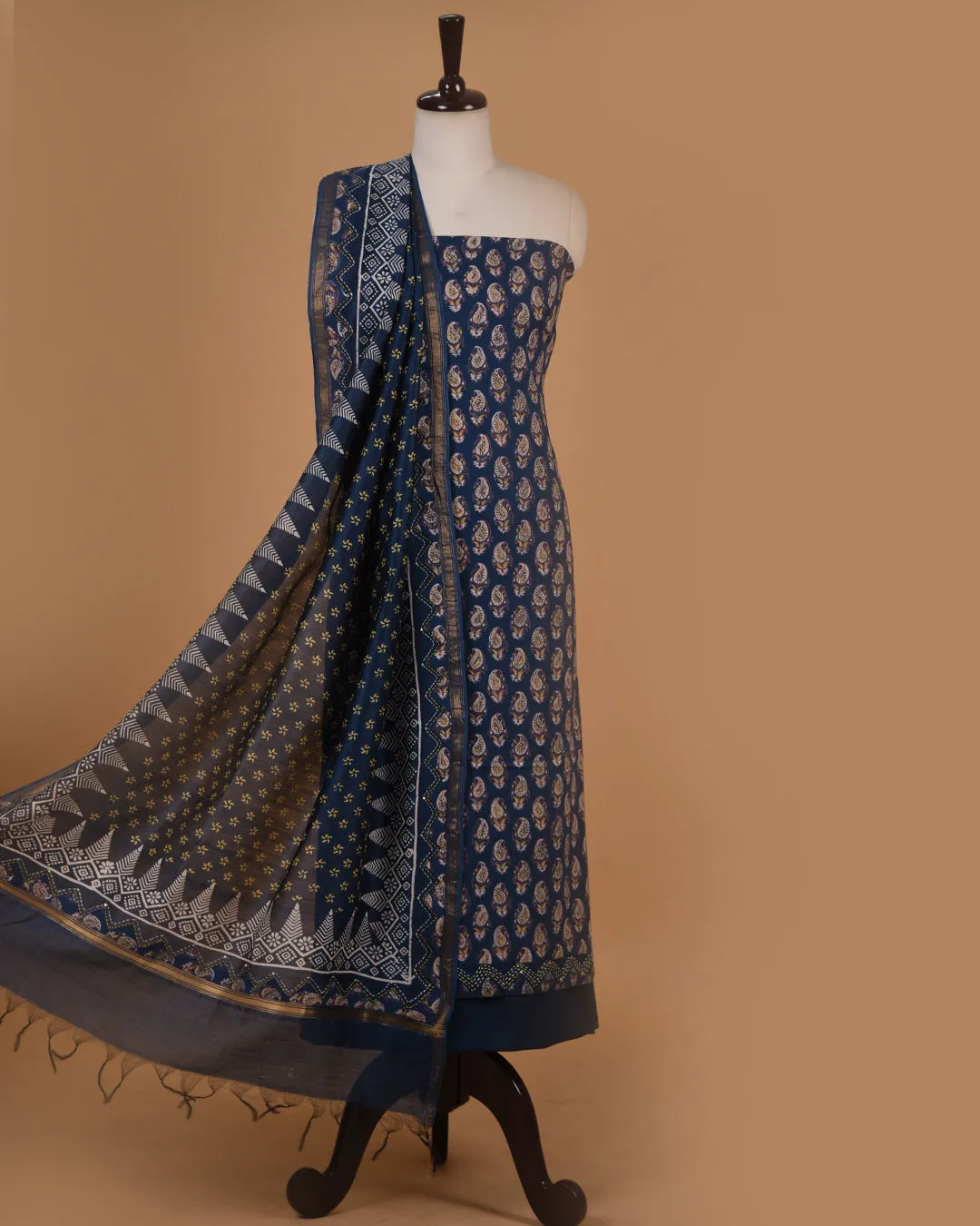 Blue With Yellow Pure Cotton Hand Block Printed With Embroidery Unstitched Suit Fabric Set With Chanderi Hand Block Printed Dupatta