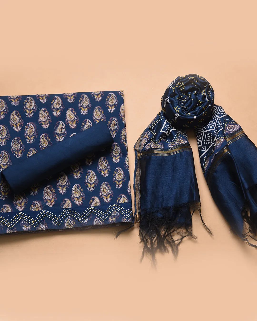 Blue With Yellow Pure Cotton Hand Block Printed With Embroidery Unstitched Suit Fabric Set With Chanderi Hand Block Printed Dupatta