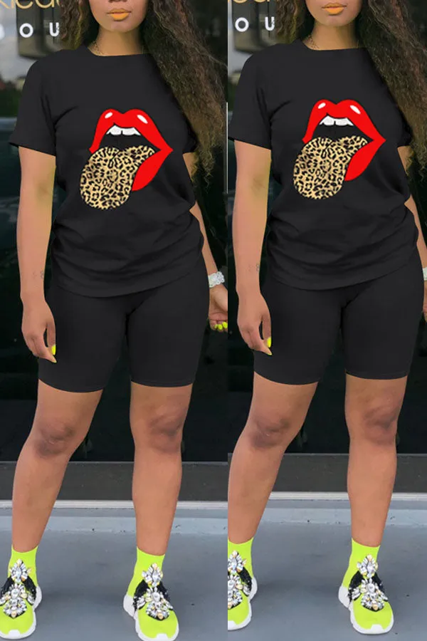 Brenae Lip Print 2pc Shorts Set Plus