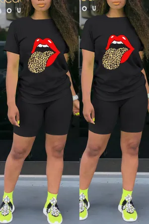 Brenae Lip Print 2pc Shorts Set Plus