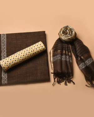 Brown Handloom Cotton Woven Unstitched Suit Fabric Set With Tissue Silk Hand Block Printed Dupatta