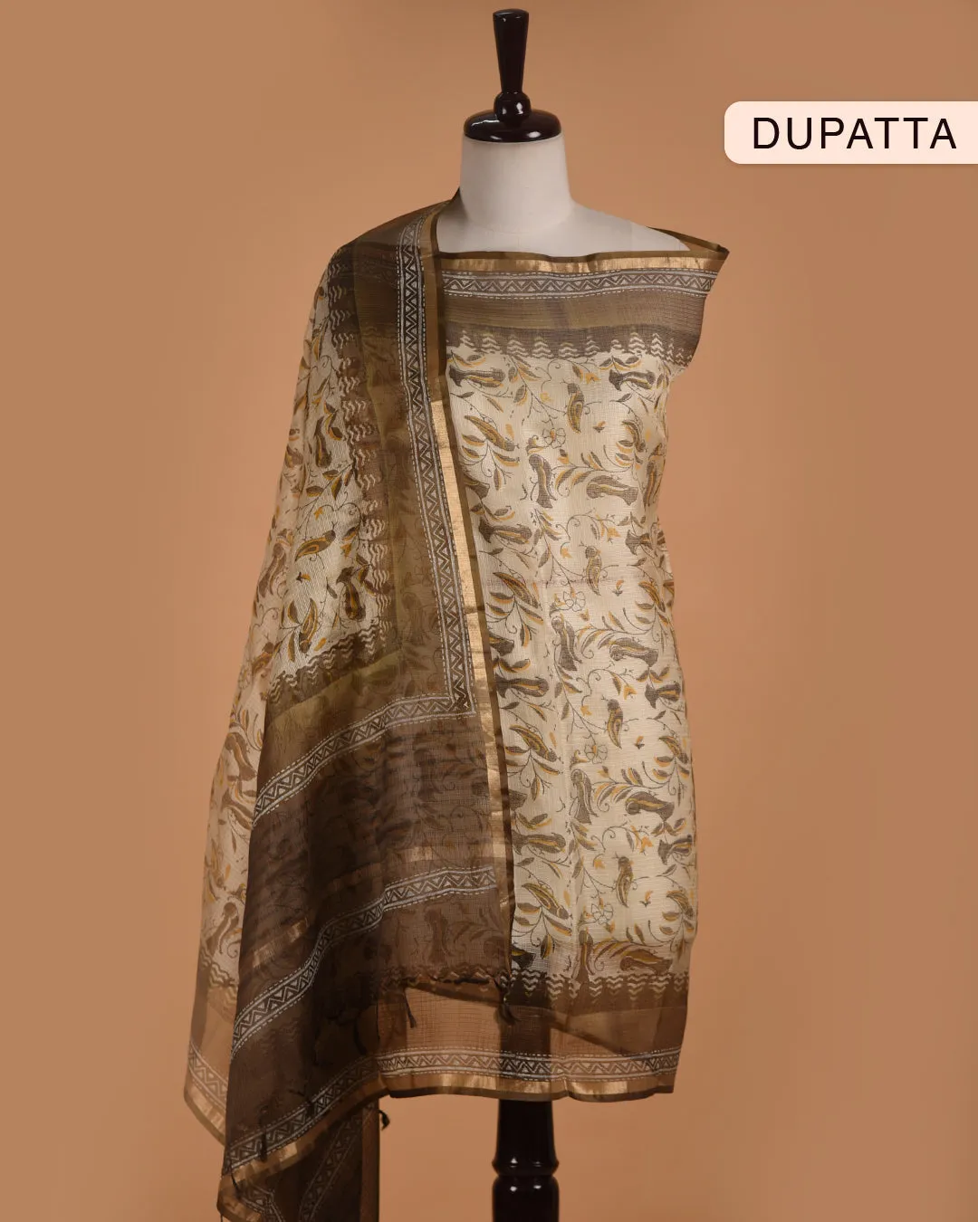 Brown Handloom Cotton Woven Unstitched Suit Fabric Set With Tissue Silk Hand Block Printed Dupatta