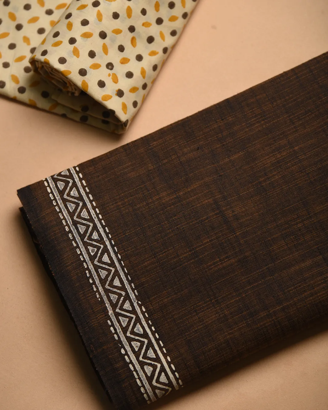 Brown Handloom Cotton Woven Unstitched Suit Fabric Set With Tissue Silk Hand Block Printed Dupatta
