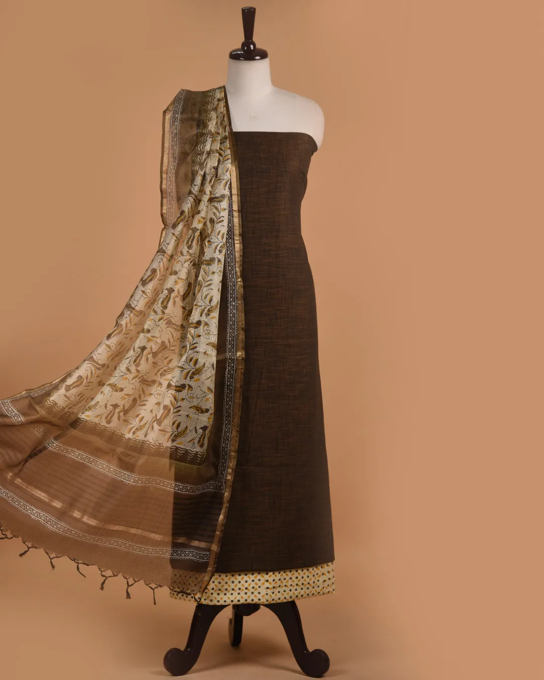 Brown Handloom Cotton Woven Unstitched Suit Fabric Set With Tissue Silk Hand Block Printed Dupatta