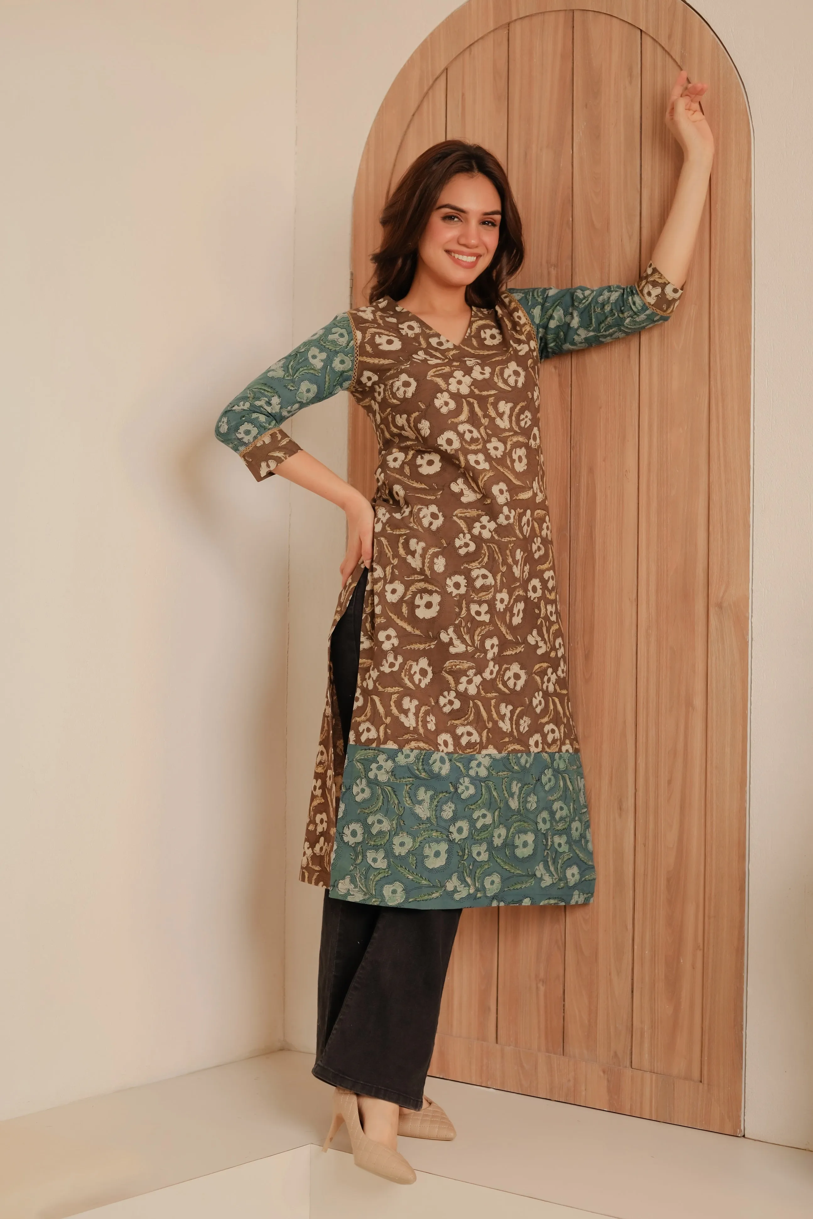 Brown With Blue Cotton Pure Hand Block Printed Ready-To-Wear Long Kurta