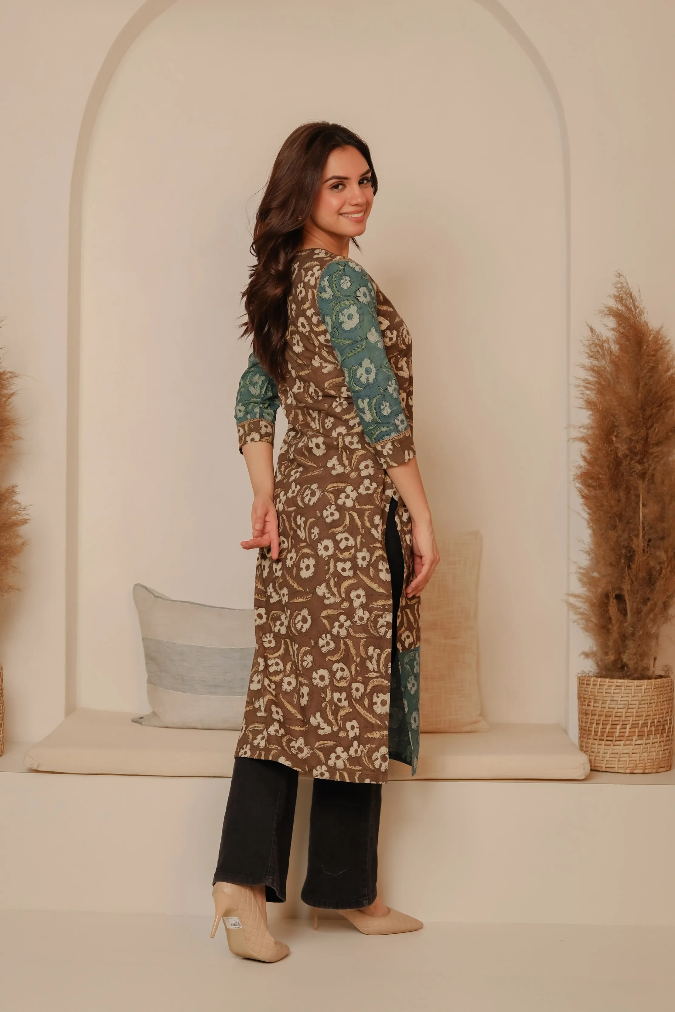 Brown With Blue Cotton Pure Hand Block Printed Ready-To-Wear Long Kurta