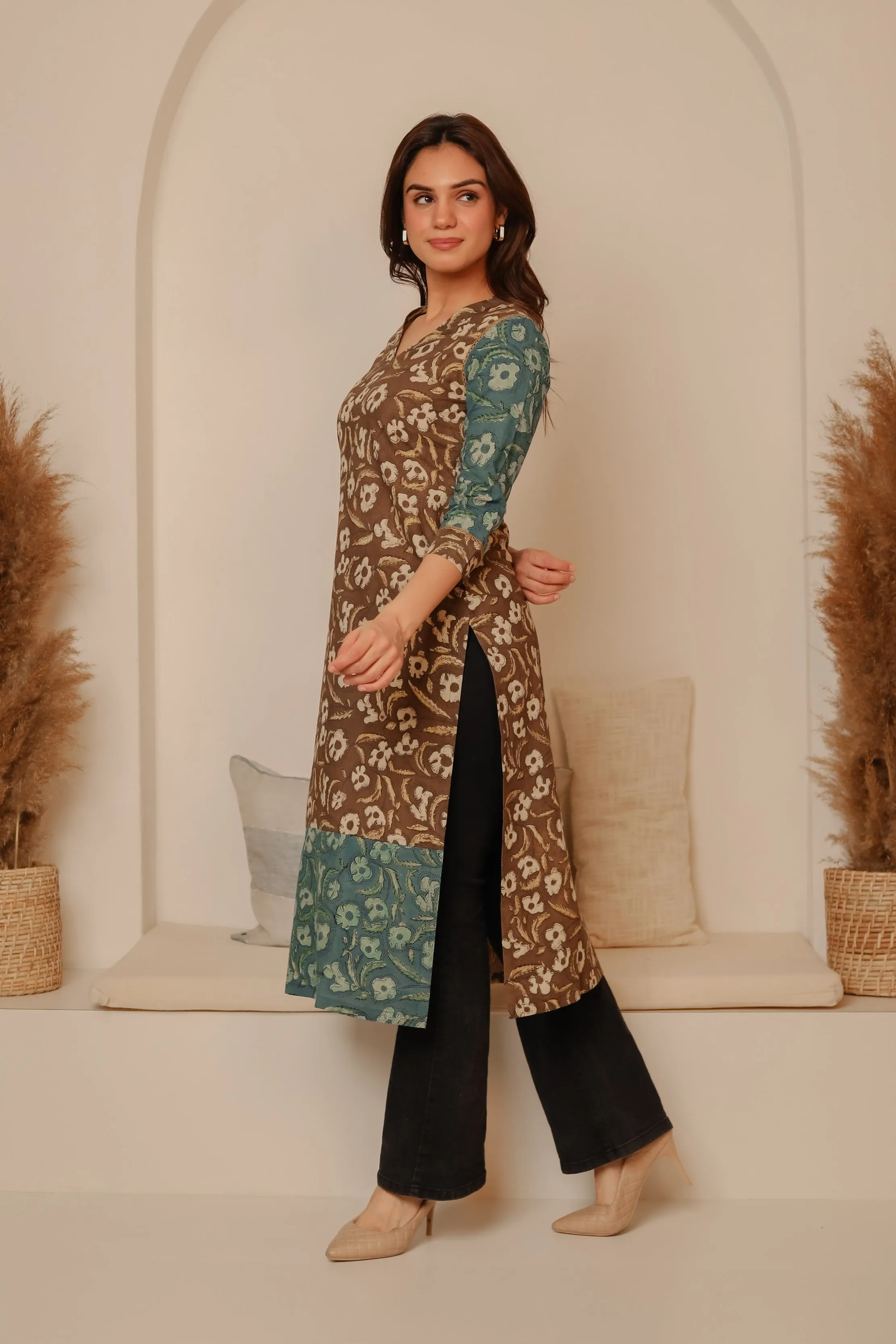 Brown With Blue Cotton Pure Hand Block Printed Ready-To-Wear Long Kurta