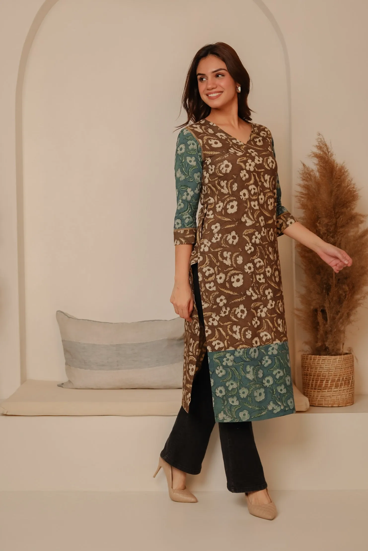 Brown With Blue Cotton Pure Hand Block Printed Ready-To-Wear Long Kurta