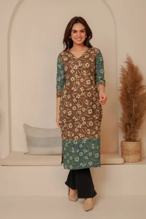 Brown With Blue Cotton Pure Hand Block Printed Ready-To-Wear Long Kurta