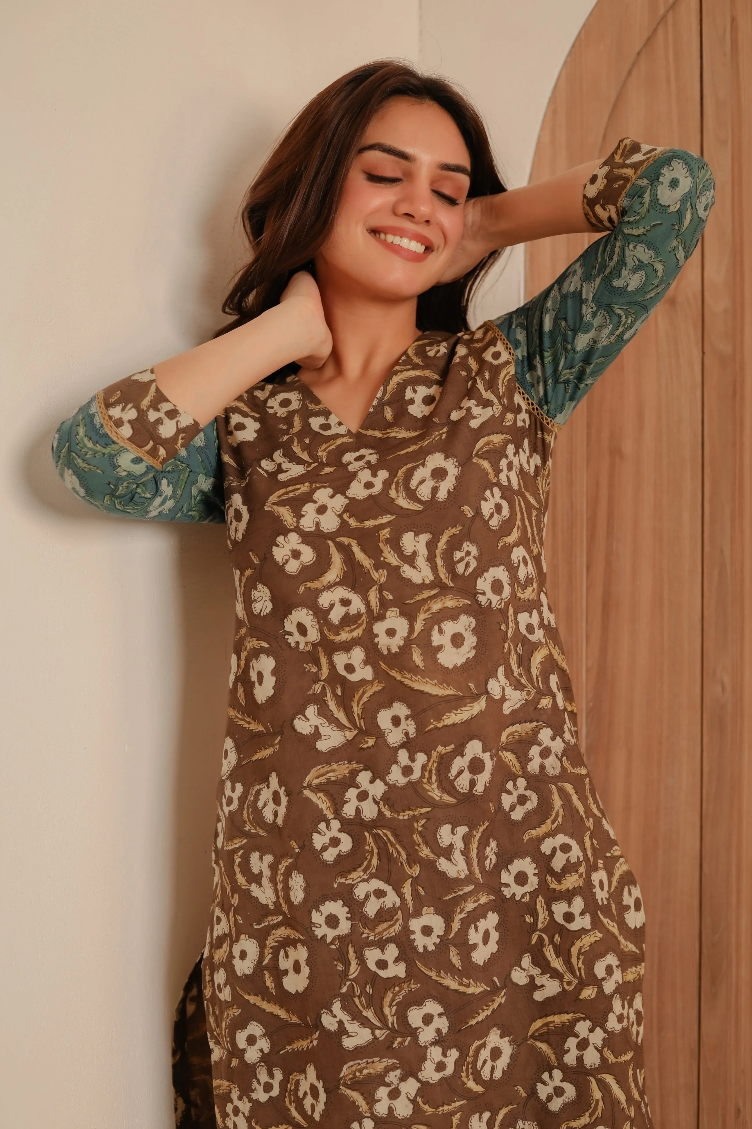 Brown With Blue Cotton Pure Hand Block Printed Ready-To-Wear Long Kurta