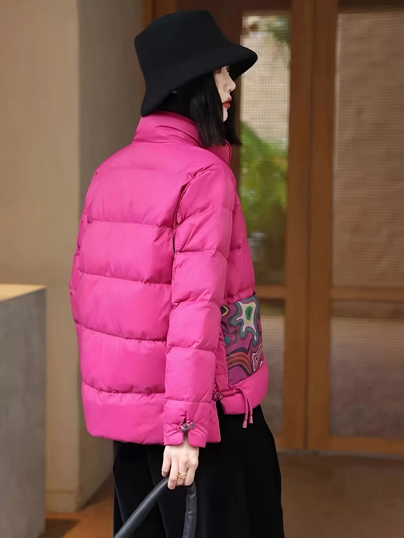 Chic Vintage-Inspired Women's Puffer Coat with Printed Detail - Lightweight, Warm Long Sleeve Winter Jacket