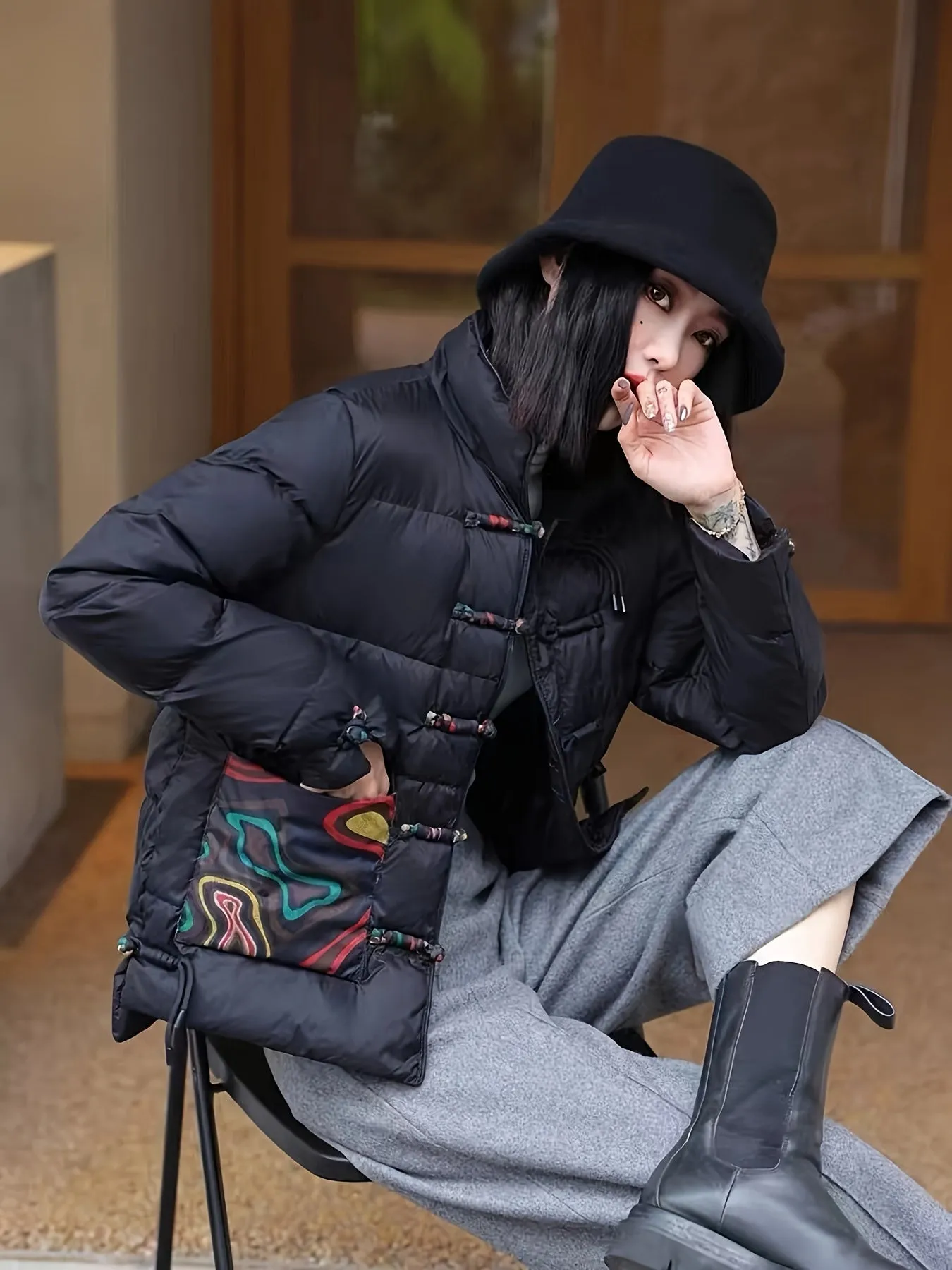 Chic Vintage-Inspired Women's Puffer Coat with Printed Detail - Lightweight, Warm Long Sleeve Winter Jacket