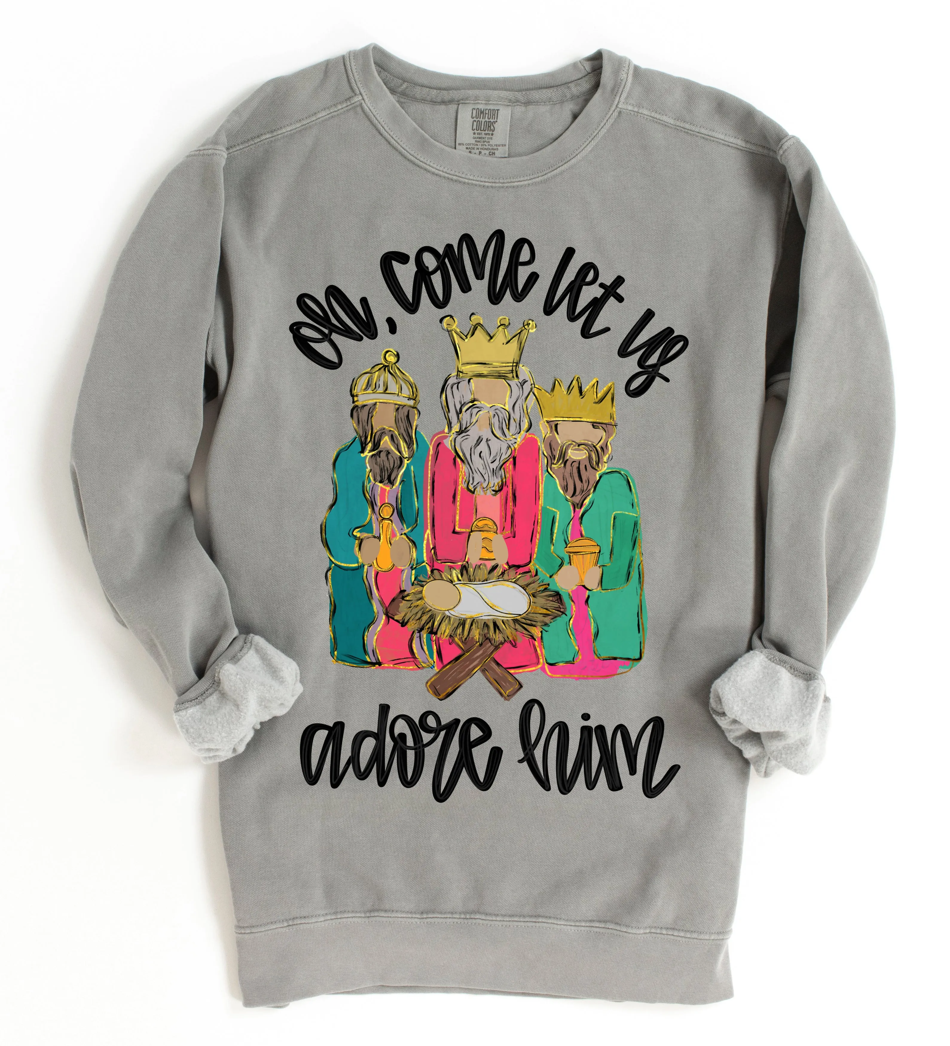 Comfort Colors Oh Come Let Us Adore Him Three Wise Men Christmas Sweatshirt/ Direct To Film Transfered Faux Glitter Sweatshirt