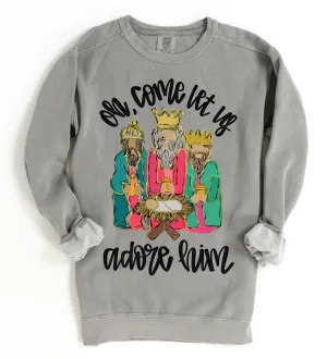Comfort Colors Oh Come Let Us Adore Him Three Wise Men Christmas Sweatshirt/ Direct To Film Transfered Faux Glitter Sweatshirt