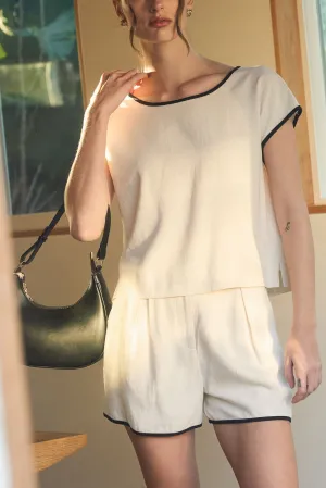 CONTRAST TRIM HIGH WAIST LINEN MINI SHORTS