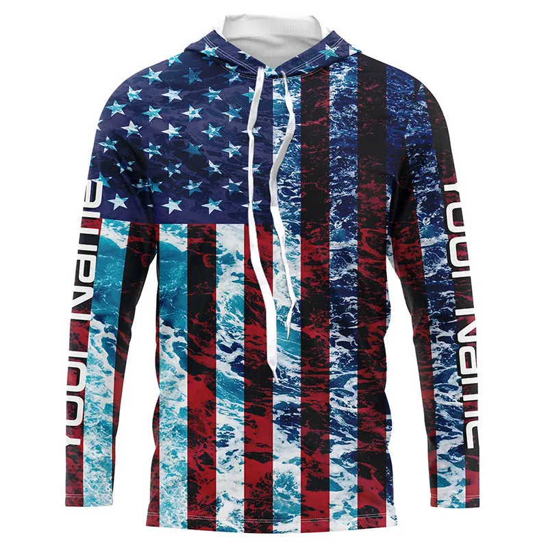 Custom Saltwater Long Sleeve Uv Fishing Shirts, American Flag Sea Wave Camo Fishing Shirts IPHW5028