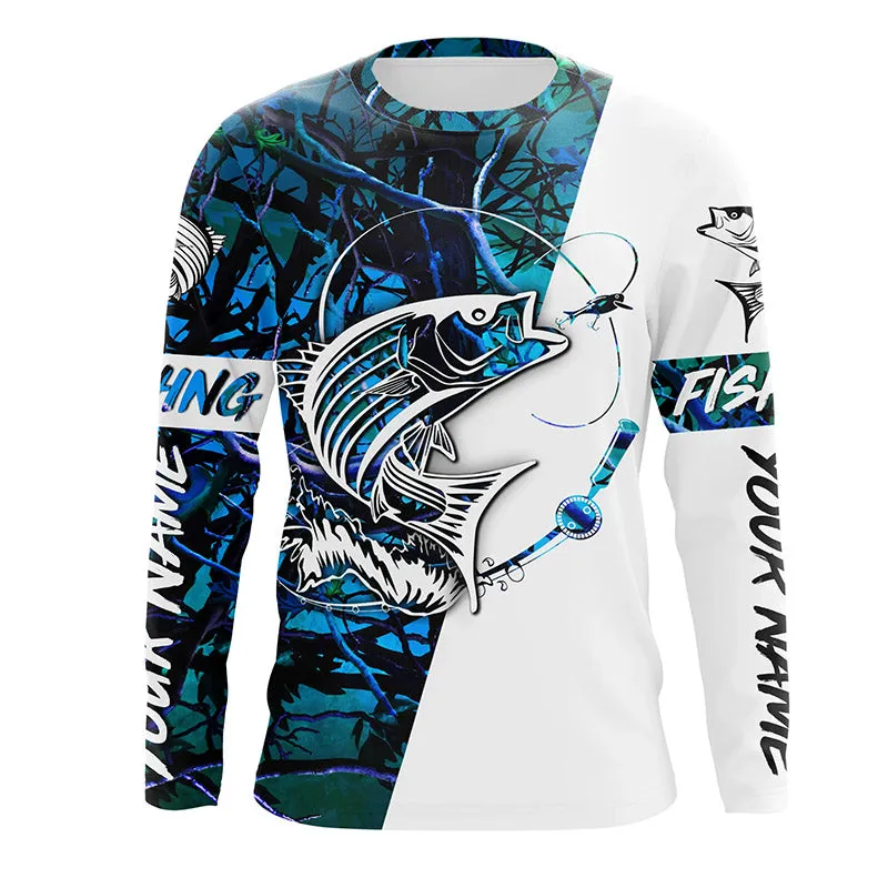 Custom Striped Bass Long Sleeve Fishing Shirts, Striper Bass Shirt Fishing Jerseys | Blue Camo IPHW3952