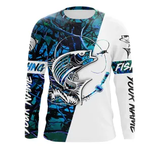 Custom Striped Bass Long Sleeve Fishing Shirts, Striper Bass Shirt Fishing Jerseys | Blue Camo IPHW3952
