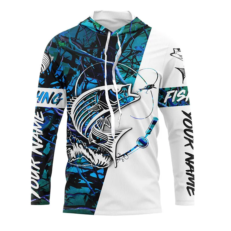 Custom Striped Bass Long Sleeve Fishing Shirts, Striper Bass Shirt Fishing Jerseys | Blue Camo IPHW3952