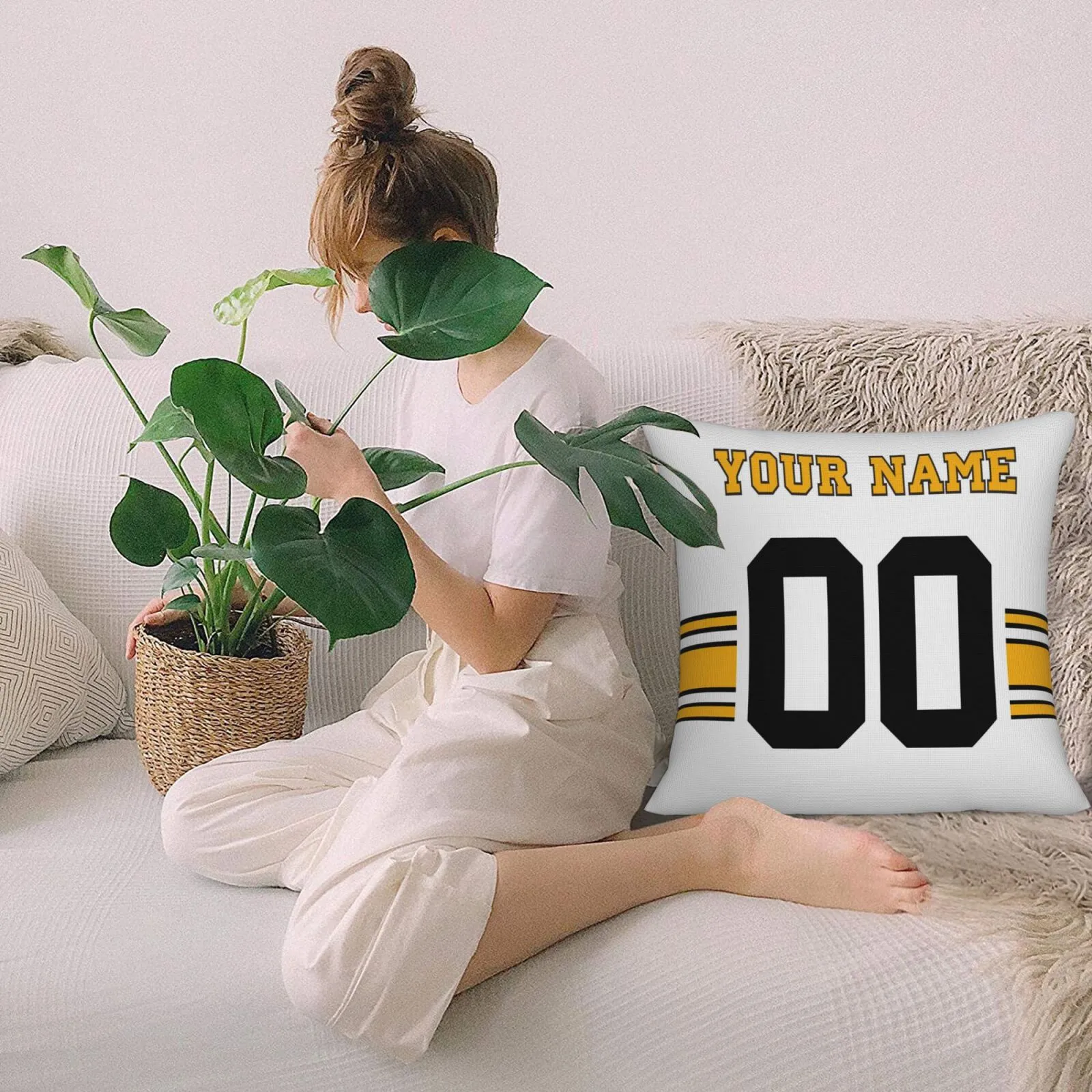 Custom White Pittsburgh Steelers Decorative Throw Pillow Case - Print Personalized Football Team Fans Name & Number Birthday Gift
